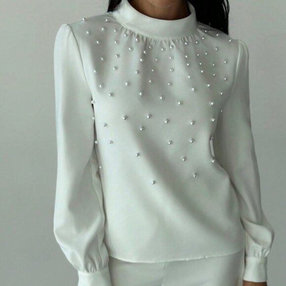White Elegant Women's Romantic Pearl detailed Ruched Long Sleeve Blouse - Picture 6 of 6